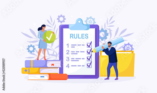Business people studying list of rules, reading guidance, making checklist. Tiny businessmen get to know company order, restrictions, law, regulations