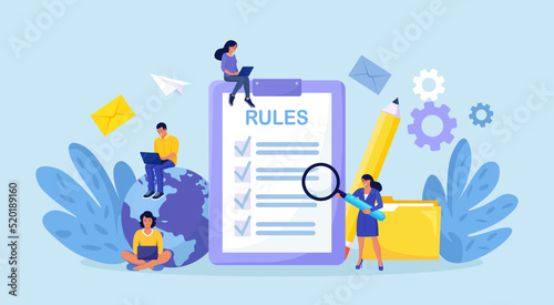 Business people studying list of rules, reading guidance, making checklist. Company order, restrictions. Rules in the document, regulations. Agreements and principles of work in office