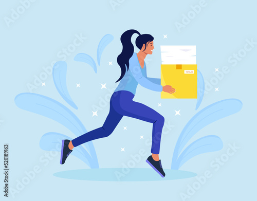 Businesswoman is fast running with documents in carton box. Time is money. Busy stressed woman rushing hurry to get on time. Work problem, deadline fail, overtime job.