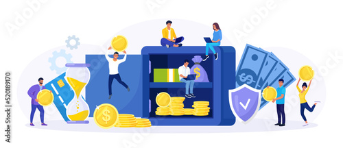 Open safe with dollar banknotes, coins in secure deposit box. Business people investing money on bank account. Cash protection, savings in moneybox. Financial saving insurance concept photo