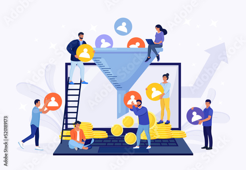 Process of communication, attracting customers, followers, making profit. Sales funnel of leads, prospects on laptop. Business strategy. Monetization tips. Increasing conversion rates SMM strategies photo