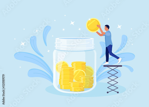 Tiny male character collect golden coins into huge glass jar. Man make savings, collecting money in account, open bank deposit. Family Finance Budget. Donate, charity campaign
