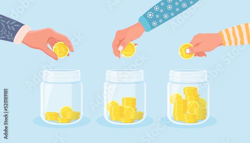 Save money in glass jar. Hand throw gold coins in moneybox. Saving deposits. Investment in retirement. Wealth, income concept. Cash falling in bottle