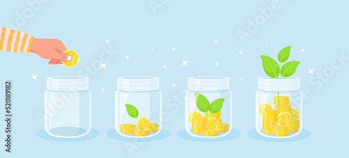 Money saving concept. The hand puts the coins in jar for savings. Green plant growing from money. Income growth. Financial savings increase. Investment