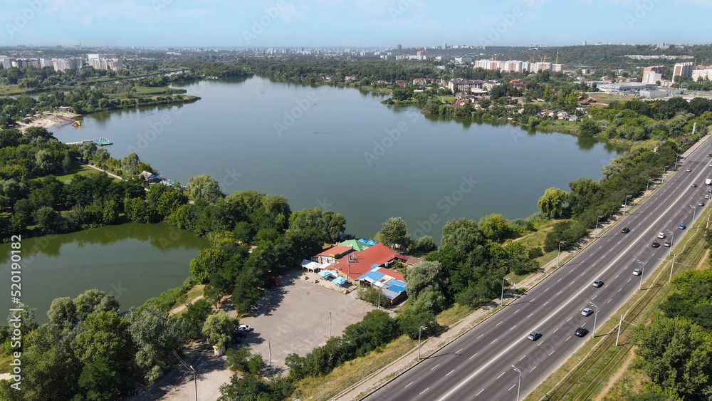 View from a height of the lake in a large residential area in the city of Kharkov 