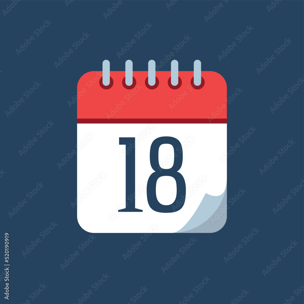 vector illustration of calendar with bent tip, red icon isolated on navy blue background, appointment schedule marking day 18. vector illustration of calendar with bent tip, red icon isolated on navy blue background, appointment schedule marking day 18.