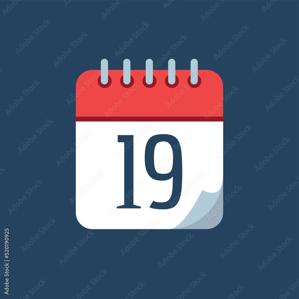 vector illustration of calendar with bent tip, red icon isolated on navy blue background, appointment schedule marking day 19. vector illustration of calendar with bent tip, red icon isolated on navy blue background, appointment schedule marking day 19.