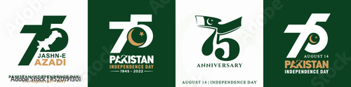 Karachi - August 14, 2022. Pakistan Jashn-e Azadi (Translation: Independence Day). 75 Years Anniversary. Jubilee logo. Vector Illustration.