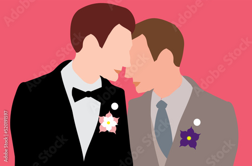 vector flat minimalistic illustration newlyweds grooms married couple lgbtq gay lgbt lovers kiss men invitation wedding silhouette