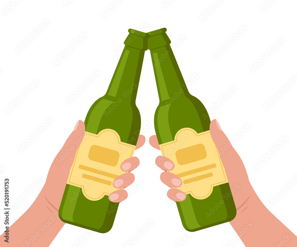 Cheers with beer bottles. Hands holding bottles with alcohol drinks. Friends toast on pub or bar party. Vector illustration. Cheers with beer bottles. Hands holding bottles with alcohol drinks. Friends toast on pub or bar party. Vector illustration.
