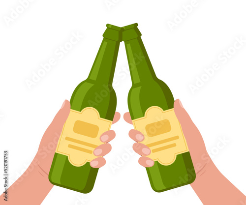 Cheers with beer bottles. Hands holding bottles with alcohol drinks. Friends toast on pub or bar party. Vector illustration.