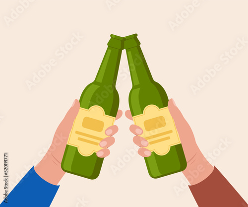 Cheers with beer bottles. Hands holding bottles with alcohol drinks. Friends toast on pub or bar party. Vector illustration.
