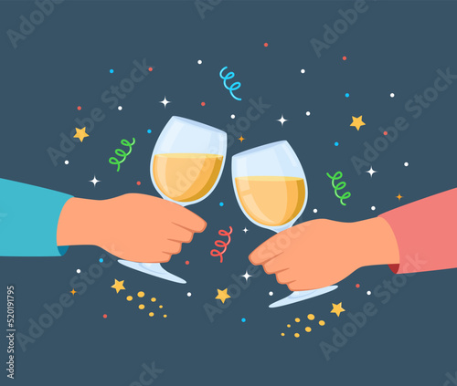 Clink glasses hands. Friends clink wine drinks, alcohol drinks in wineglasses, holiday party, people event together, celebration cheers, colored confetti. Vector illustration.