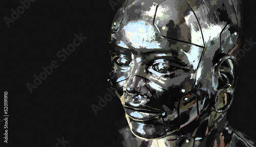 Face of a black and white female sculpture with cybernetic features. Portrait of android or robot  abstract effect  brushed and stained. Space for text. Elegant futuristic illustration.