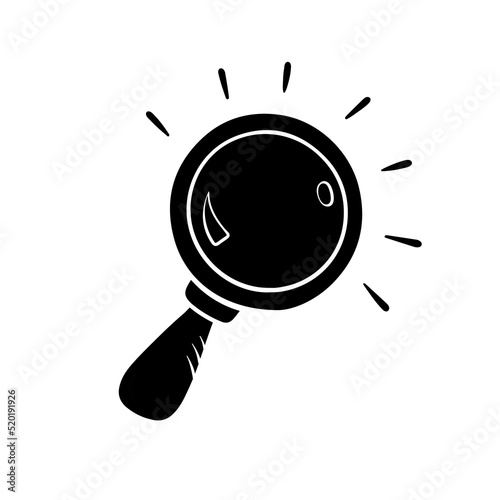 Magnify glass silhouette in simple style, hand drawn sketch. Search symbol in cartoon style, vector illuistration. Isolated element on white background for print and design. Lupe tool for detective