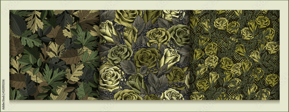 Set of green camouflage seamless patterns with roses, leaves. Dense composition with random overlapping elements. Good for t-shirt design, apparel, fabric, textile, sport goods, surface design