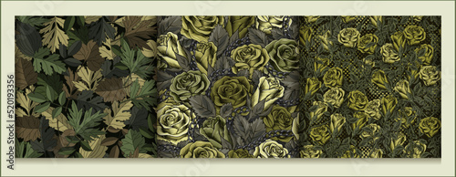 Set of green camouflage seamless patterns with roses, leaves. Dense composition with random overlapping elements. Good for t-shirt design, apparel, fabric, textile, sport goods, surface design photo
