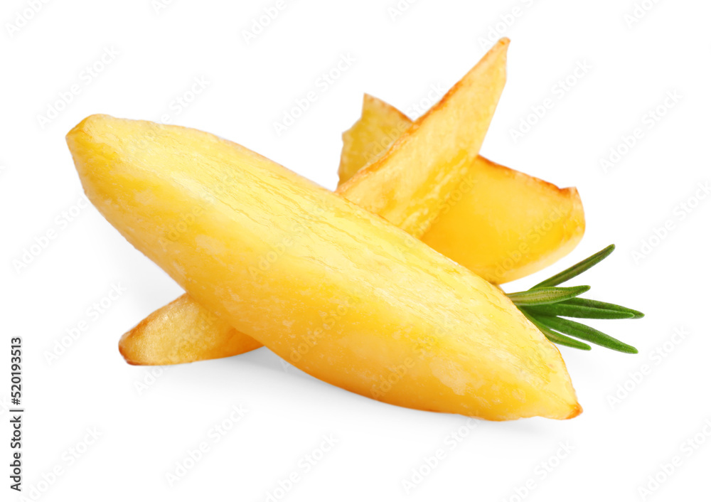 Tasty baked potato wedges with rosemary on white background Tasty baked potato wedges with rosemary on white background