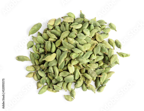 Pile of dry cardamom seeds on white background, top view