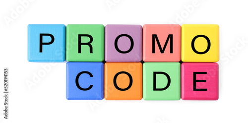 Colorful cubes with words Promo Code on white background  top view