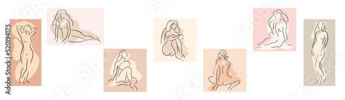 Hand drawn set of posters with women's silhouettes. Outline nude sitting, standing, lying ladies. Sketching abstract illustration.
