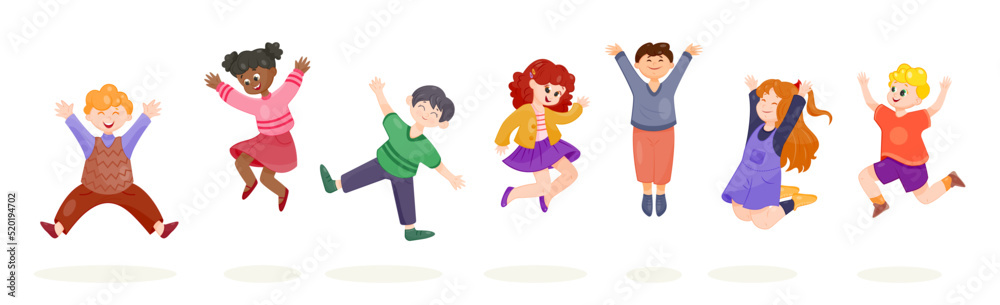 Kids jumping. Happy cartoon child, excited children jump together. Fun By  Microvector