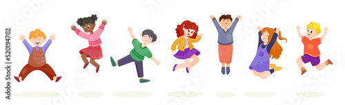 Set of happy jumping kids. Active or energetic boys and girls in motion with raised hands. Preschoolers or classmates have fun and smile. Cartoon flat vector collection isolated on white background