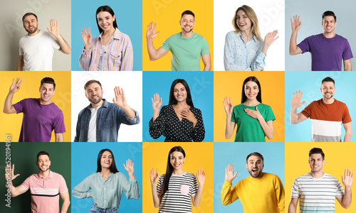 Collage with photos of cheerful people showing hello gesture on different color backgrounds