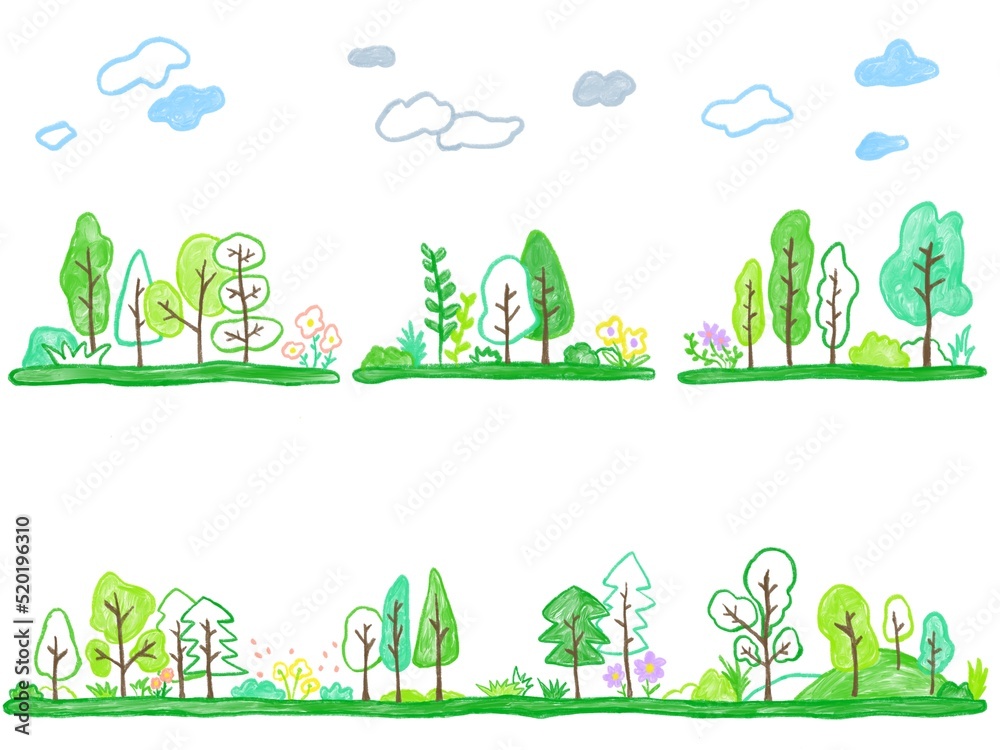 natural tree landscape : Hand drawn crayons colored pencils clipart set ...