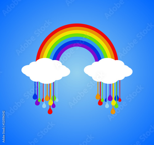 Rainbow and rain clouds with raindrops in rainbow colors. Design for children's playroom.