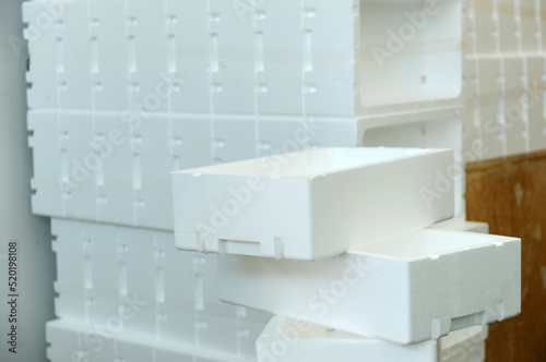 Expanded polystyrene boxes or white cork for packing and transporting fish and shellfish photo