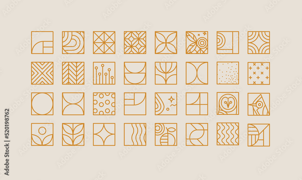 Set of creative modern art deco icons in flat line style drawing on beige background.