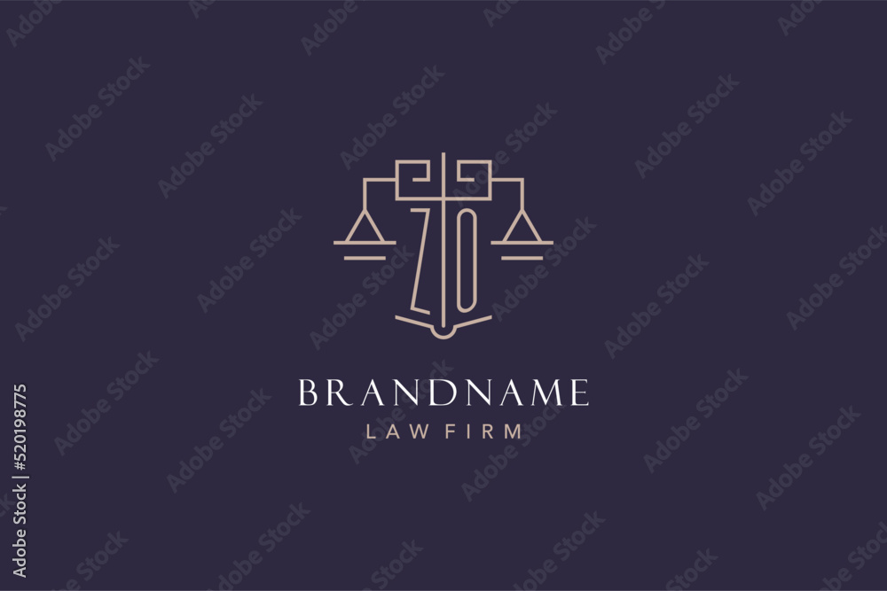 Initial letter ZO logo with scale of justice logo design, luxury legal logo geometric style - obrazy, fototapety, plakaty 