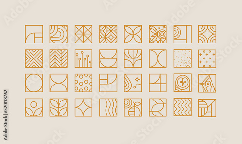 Set of creative modern art deco icons in flat line style drawing on beige background.