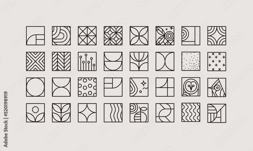 Set of creative modern art deco icons in flat line style drawing on gray background.