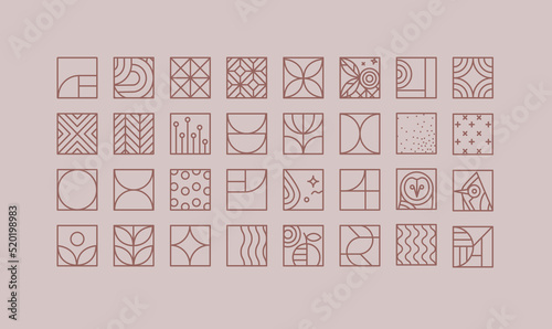 Set of creative modern art deco icons in flat line style drawing on purple background.