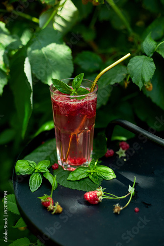 Raspberry  basil detox water  lemonade  Summer cold drink on a black background  outdoor garden fresh bush  sunlight  Vegan  diet  organic natural