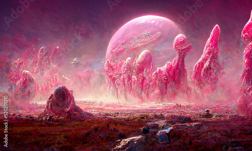 Alien planet pink surreal world landscape, digital abstract background