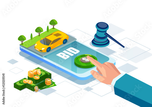 Online car auction via smartphone app with a bid button.