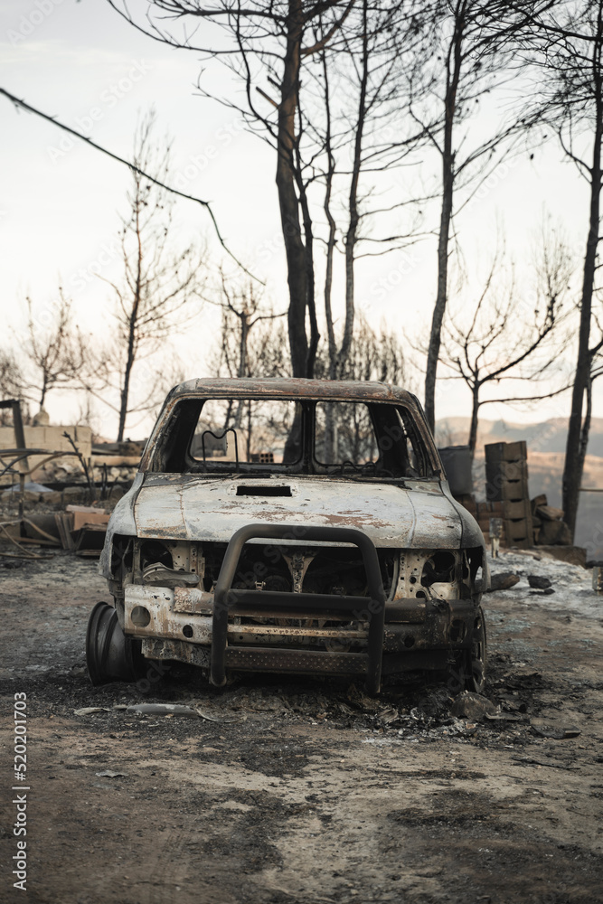 Burnt car aftermath forest fire consequence of climate change - Wildfire Crisis and Global Collapse Burnt car aftermath forest fire consequence of climate change - Wildfire Crisis and Global Collapse