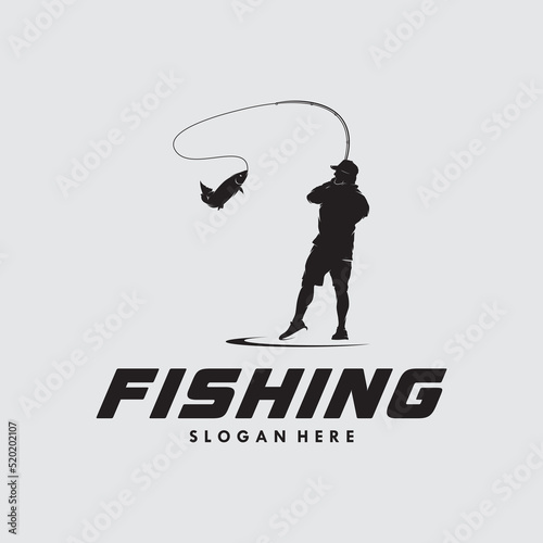 Silhouette fishing on white background logo design