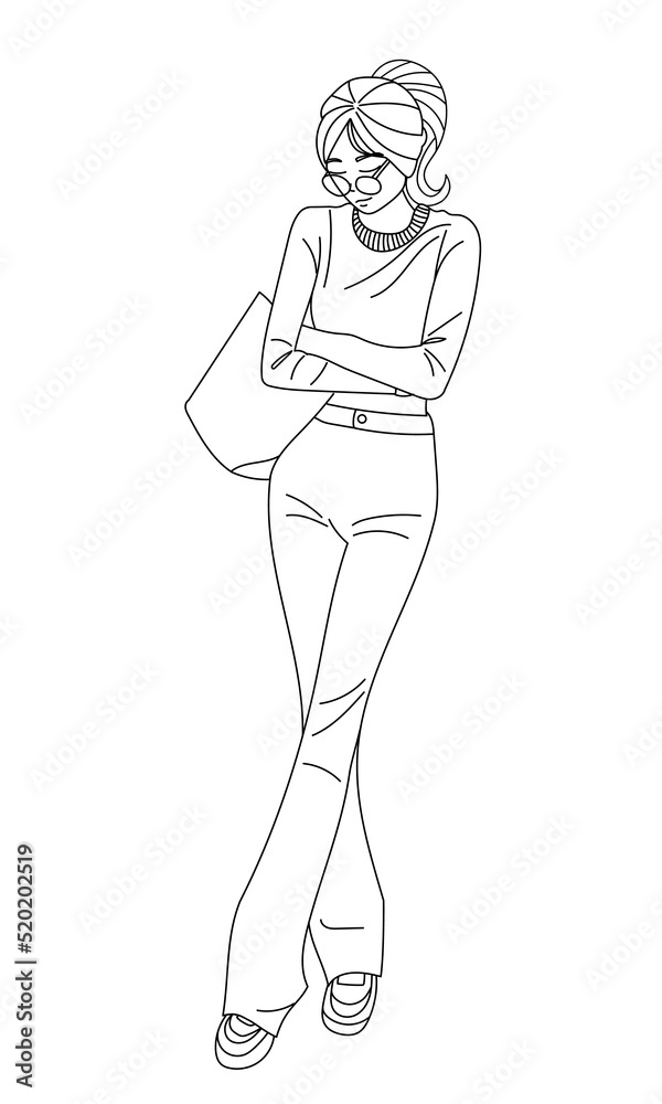 Woman wearing long sleeve shirt with long pants set standing fashion poses, vector illustration Woman wearing long sleeve shirt with long pants set standing fashion poses, vector illustration