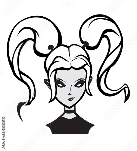 Female Cartoon Head, Gothic Style Pigtail Hair