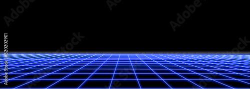 3d abstract 1980's retrowave, cyberpunk background with copy space, neon perspective grid