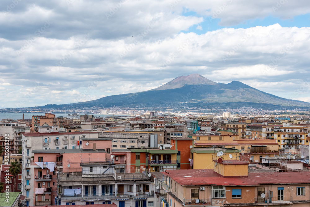 Panoramic view of mount Vesuvius, the cities of Stabia and Pompeii in front, Italy