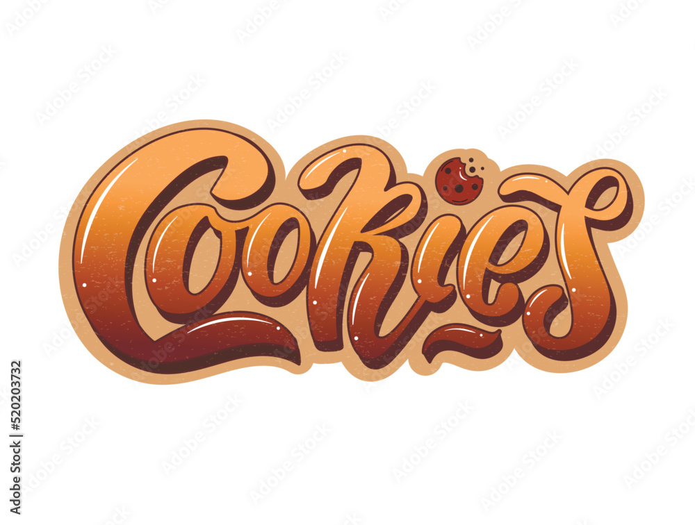 Cookies, brand name logo with a chocolate drop, a cookie with the chocolate chip, hand lettering