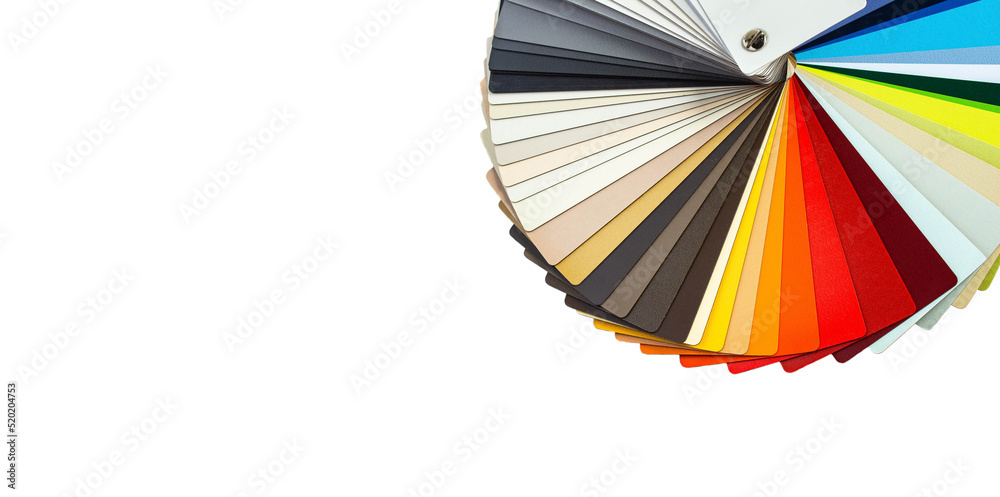 Banner of a color guide displaying a range of hues for use in interior design and decoration. Colorful color guide with a palette of paint samples on white background with copy space