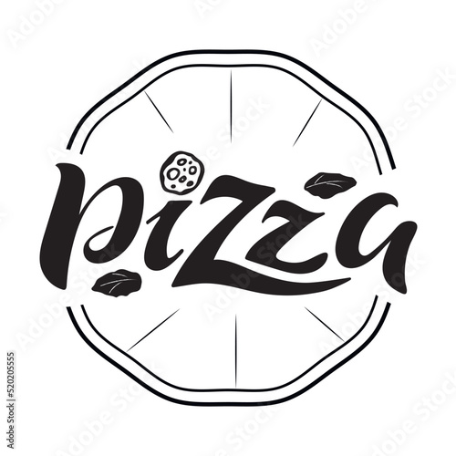 Pizza. Black drawn letters with pizza above and basil leaves inside pizza shape. Vector hand lettering. digital picture for pizza cafe shop banner poster flyer card. Italian food.  Neapolitan cuisine