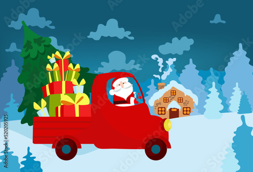Santa Claus is carrying a fir tree and gifts in a truck against the backdrop of a winter fairy-tale landscape. Fir trees, clouds, a house with a light inside are visible behind the truck. Festive 