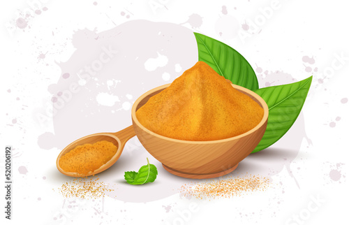 Turmeric Power in a wooden bowl with turmeric leaves vector illustration 
